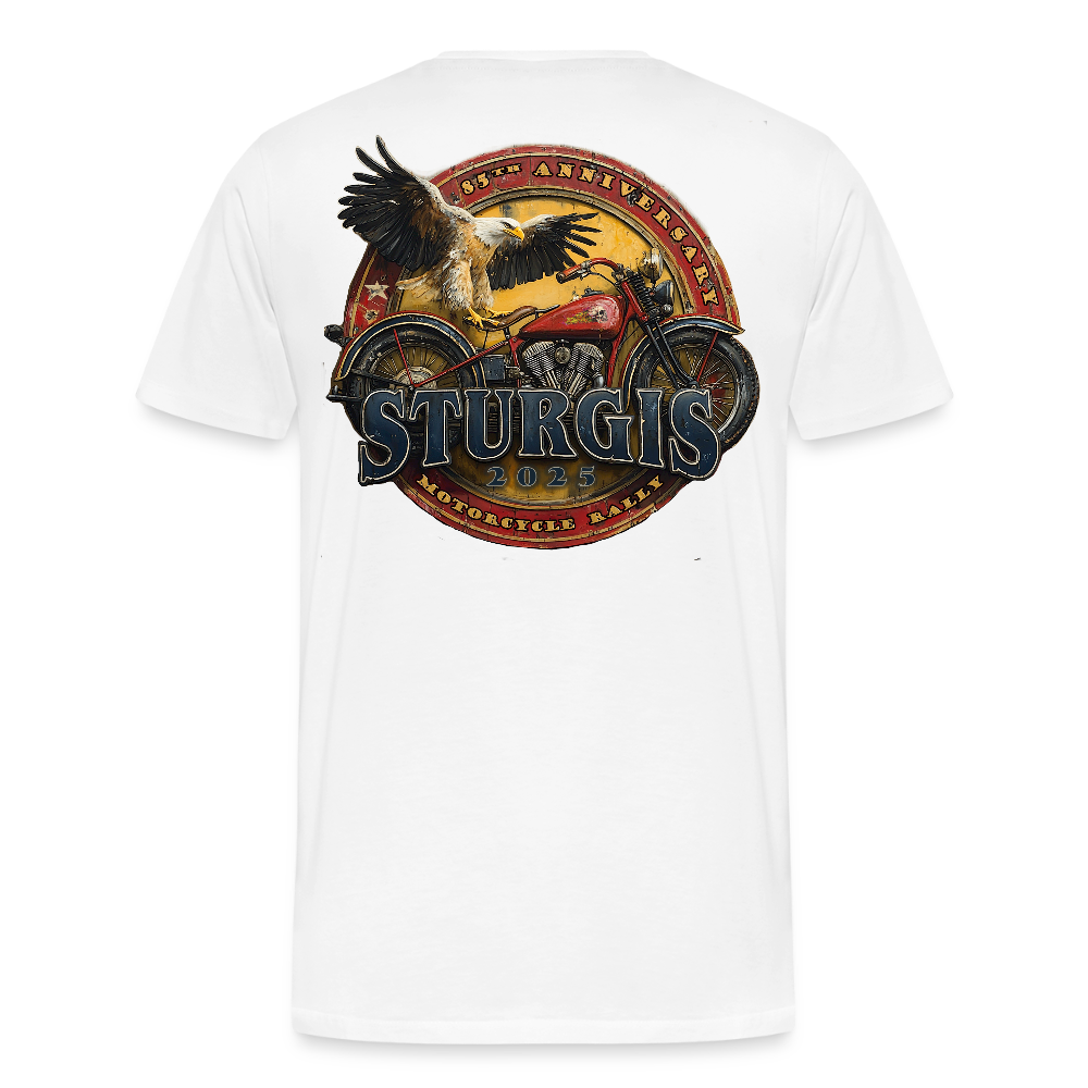 Men's Premium Sturgis Motorcycle Rally 2025 T-Shirt – 85th Anniversary Eagle and Motorcycle Biker Tee -Front and Back Print - white