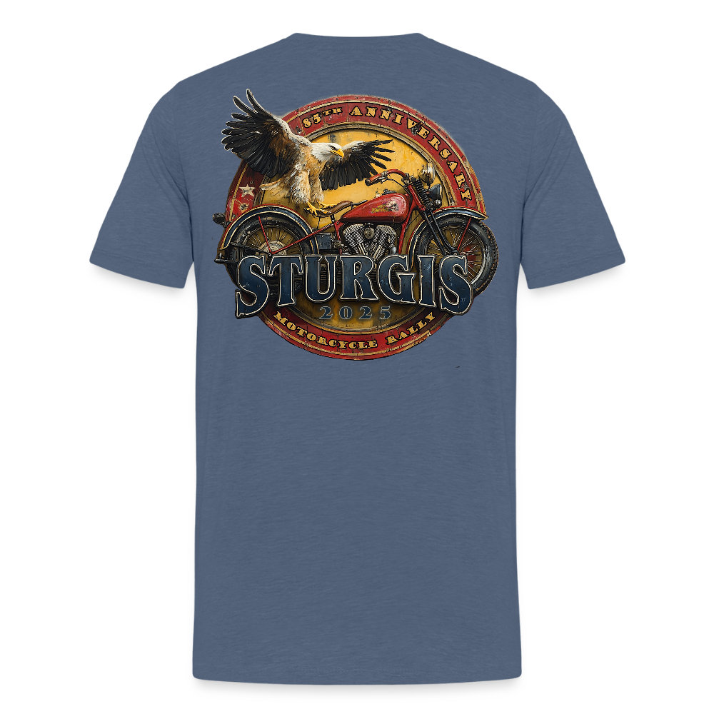 Men's Premium Sturgis Motorcycle Rally 2025 T-Shirt – 85th Anniversary Eagle and Motorcycle Biker Tee -Front and Back Print - heather blue