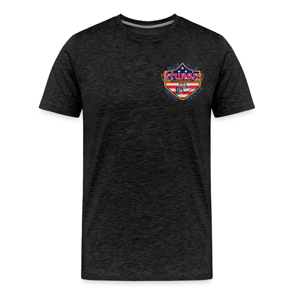 Men's Premium Sturgis Motorcycle Rally 2025 T-Shirt – 85th Anniversary Eagle & Flag Design Biker Tee -Front and Back Print - charcoal grey