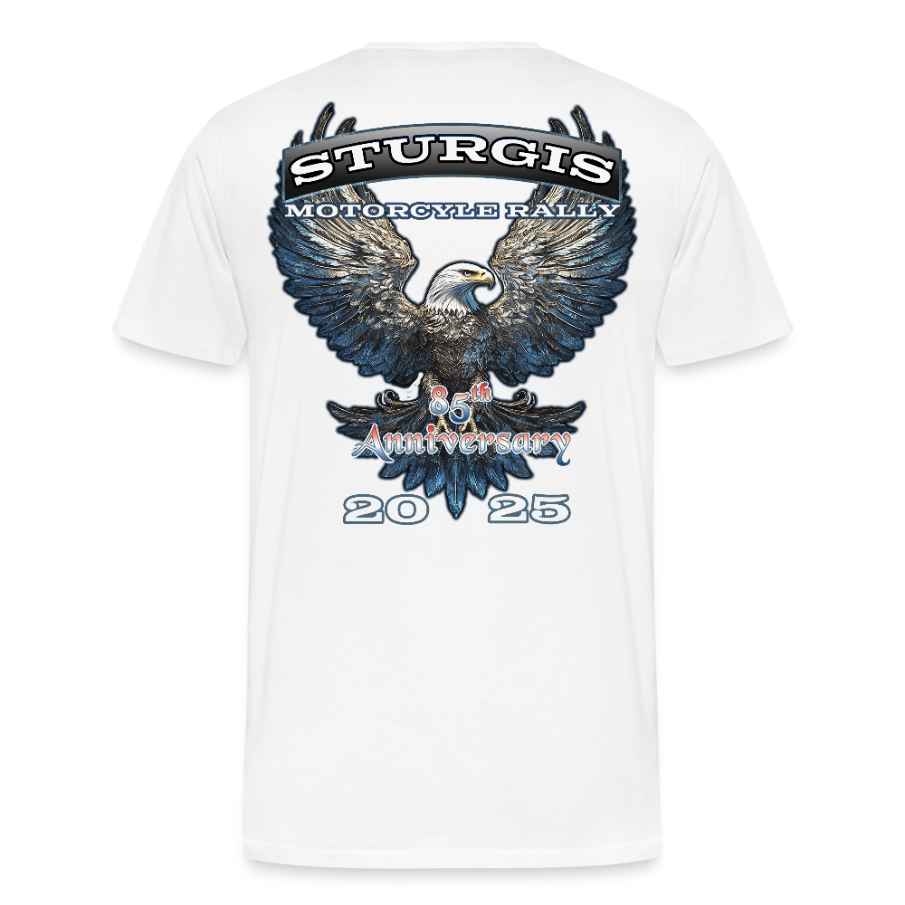 Men's Premium Sturgis Motorcycle Rally 2025 T-Shirt – 85th Anniversary Eagle Biker Tee -Front and Back Print - white