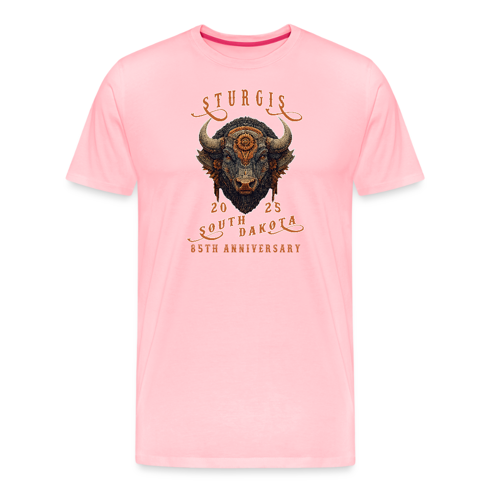 Sturgis Motorcycle Rally 2025 Premium Steampunk Buffalo T-Shirt – 85th Anniversary Steampunk Bison - Front and Back Print - pink