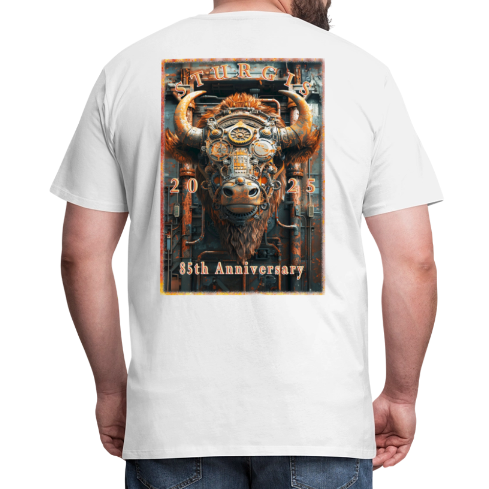 Sturgis Motorcycle Rally 2025 Premium Steampunk Buffalo T-Shirt – 85th Anniversary Steampunk Bison - Front and Back Print - white
