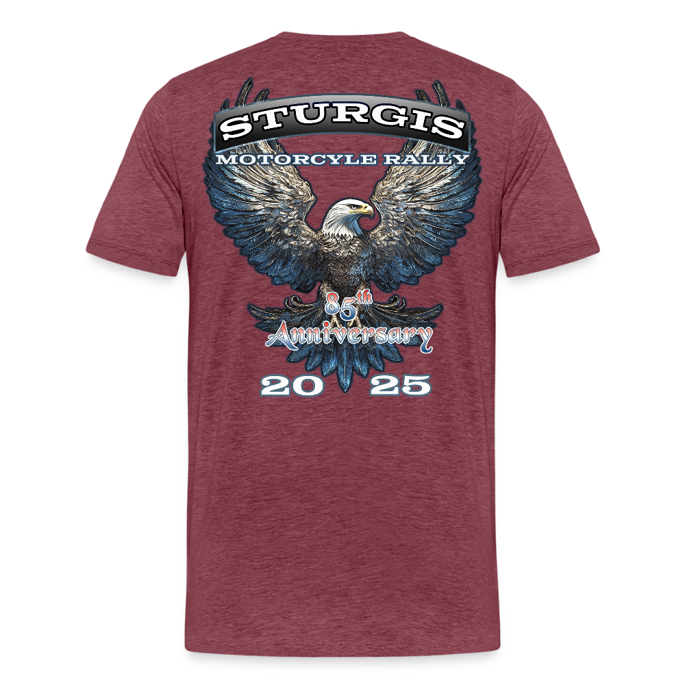 Men's Premium Sturgis Motorcycle Rally 2025 T-Shirt – 85th Anniversary Eagle Biker Tee -Front and Back Print - heather burgundy
