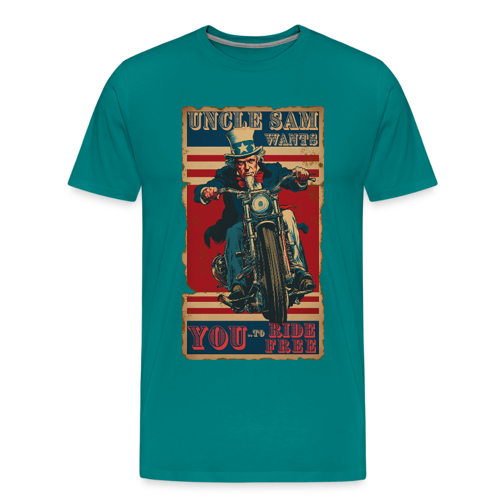 “Uncle Sam Wants YOU to Ride Free” Vintage Biker Tee – Patriotic 4th of July Graphic Shirt - teal