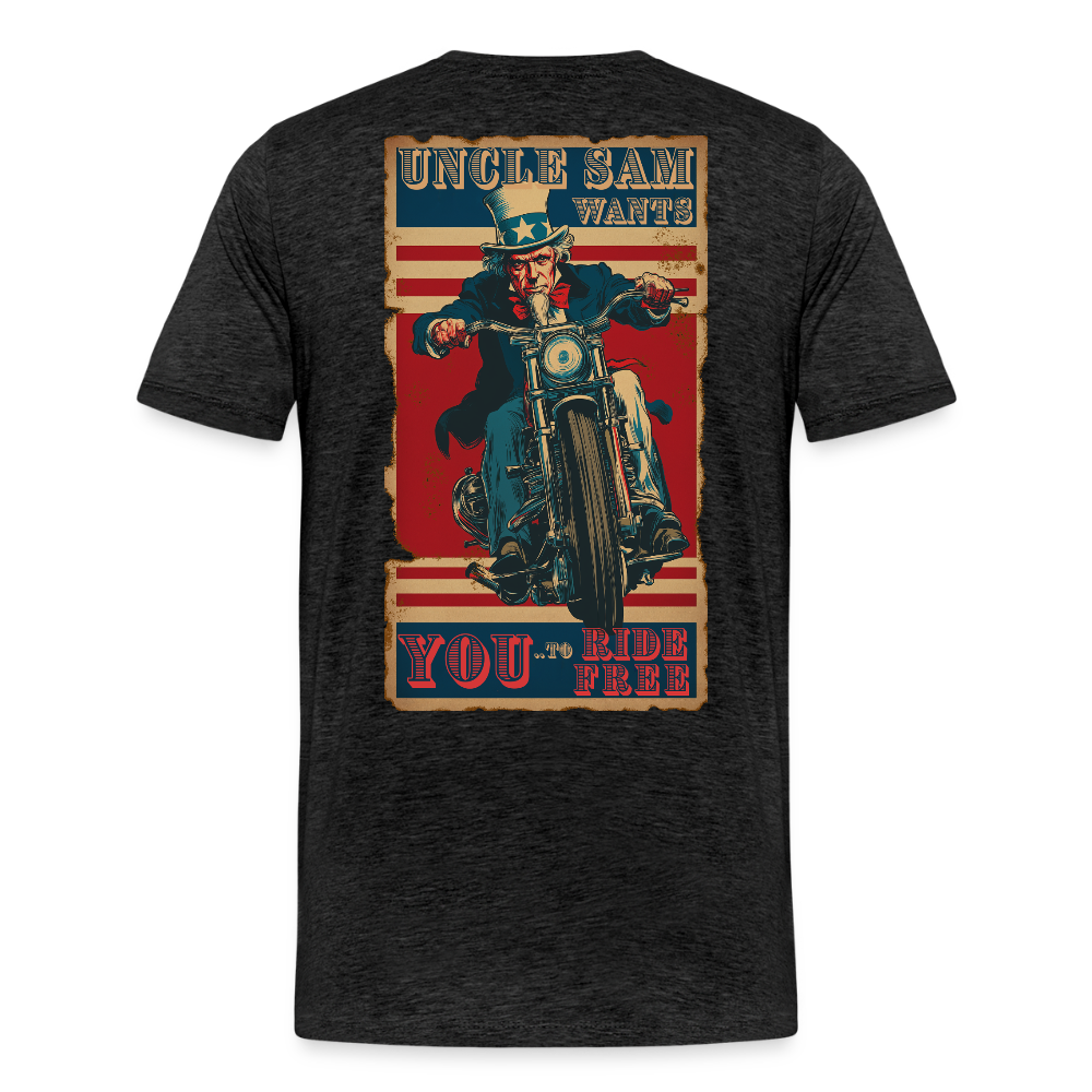 “Uncle Sam Wants YOU to Ride Free” Vintage Biker Tee – Patriotic 4th of July Graphic Shirt - Front and Back Print - charcoal grey