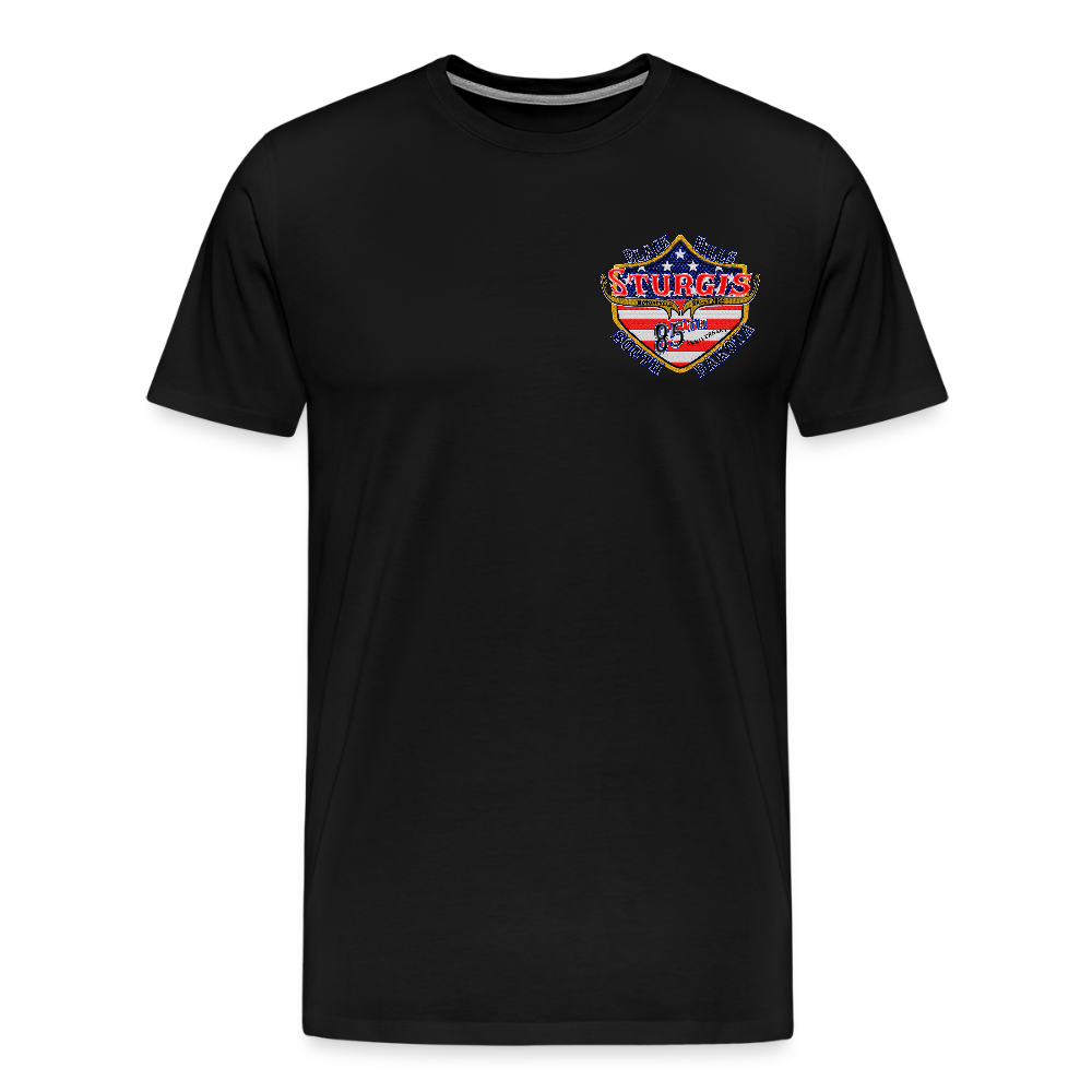 Men's Premium Sturgis Motorcycle Rally 2025 T-Shirt – 85th Anniversary Eagle & Flag Design Biker Tee -Front and Back Print - black