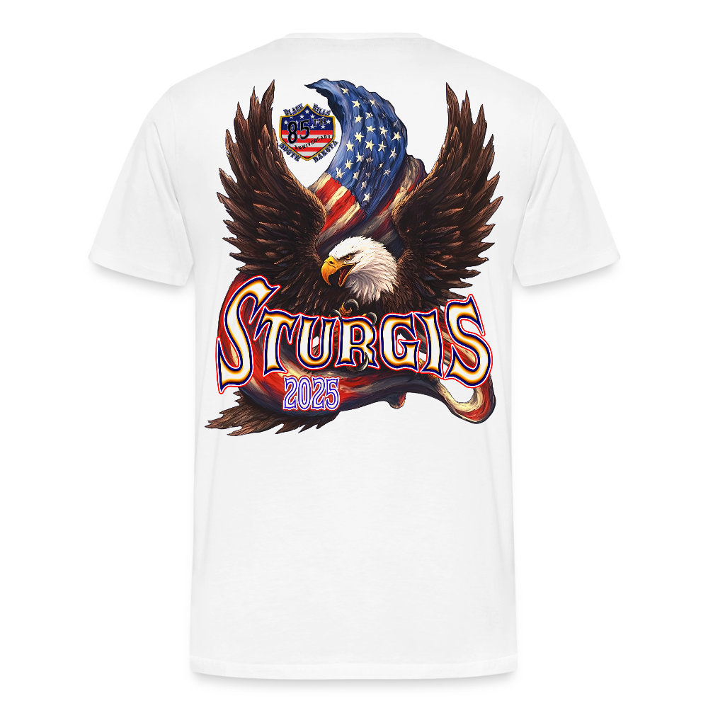 Men's Premium Sturgis Motorcycle Rally 2025 T-Shirt – 85th Anniversary Eagle & Flag Design Biker Tee -Front and Back Print - white