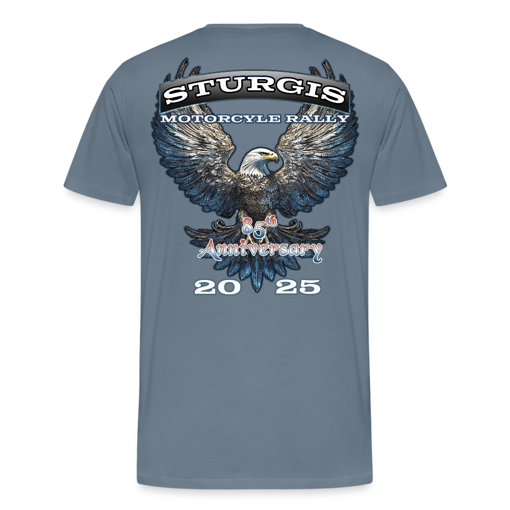 Men's Premium Sturgis Motorcycle Rally 2025 T-Shirt – 85th Anniversary Eagle Biker Tee -Front and Back Print - steel blue