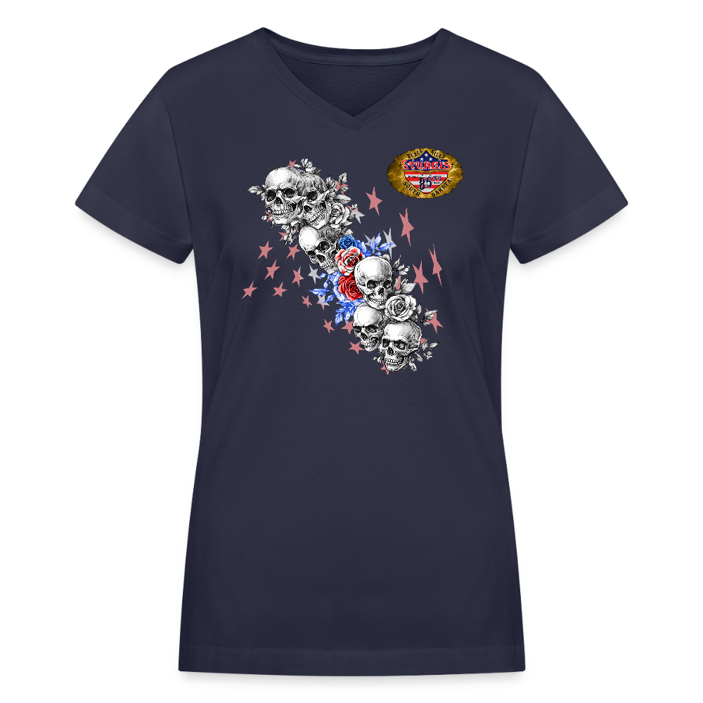 Women’s Premium 2025 Sturgis Motorcycle Rally Skulls and Roses T-Shirt - navy