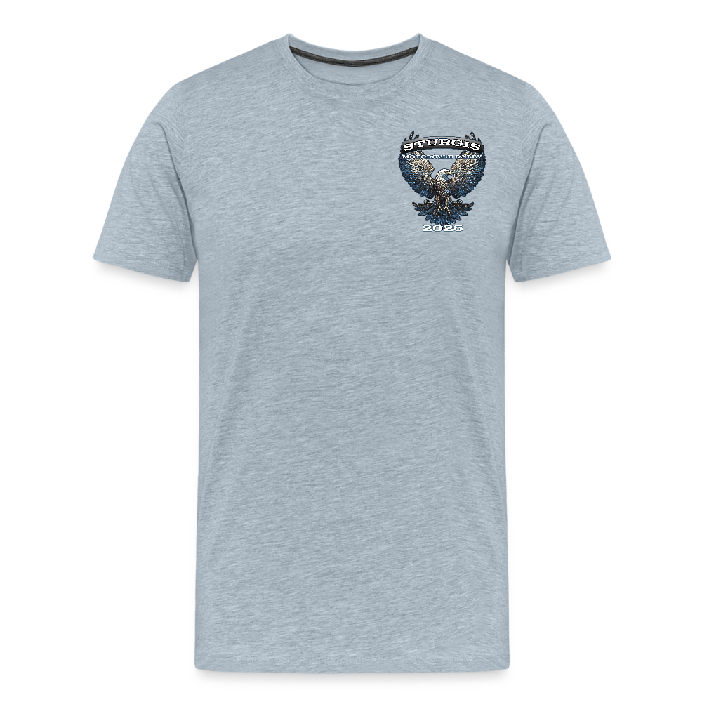 Men's Premium Sturgis Motorcycle Rally 2025 T-Shirt – 85th Anniversary Eagle Biker Tee -Front and Back Print - heather ice blue