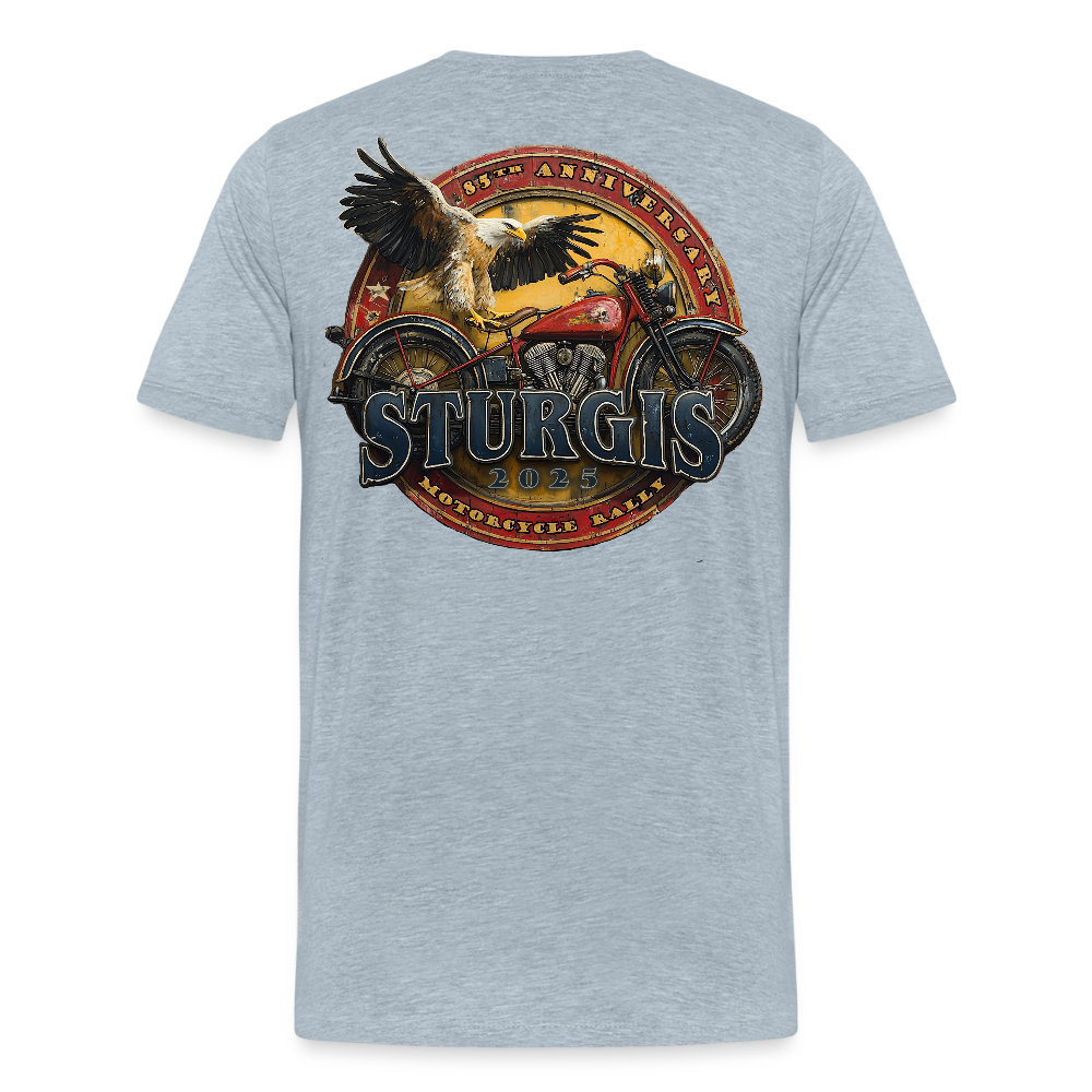 Men's Premium Sturgis Motorcycle Rally 2025 T-Shirt – 85th Anniversary Eagle and Motorcycle Biker Tee -Front and Back Print - heather ice blue