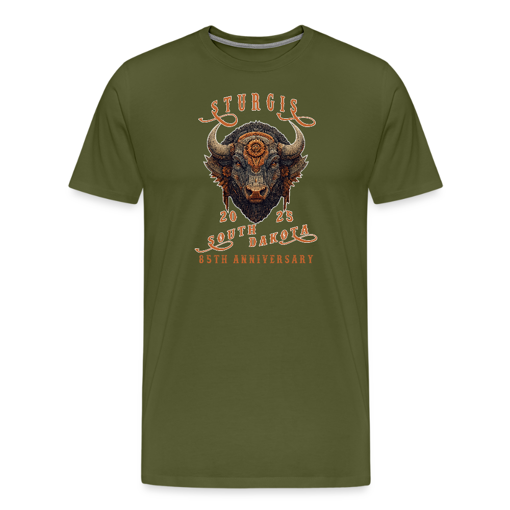 Sturgis Motorcycle Rally 2025 Premium Steampunk Buffalo T-Shirt – 85th Anniversary Steampunk Bison - Front and Back Print - olive green