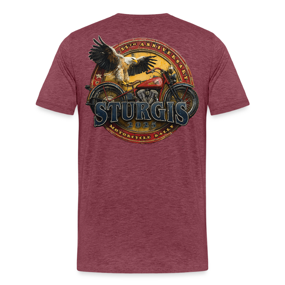 Men's Premium Sturgis Motorcycle Rally 2025 T-Shirt – 85th Anniversary Eagle and Motorcycle Biker Tee -Front and Back Print - heather burgundy