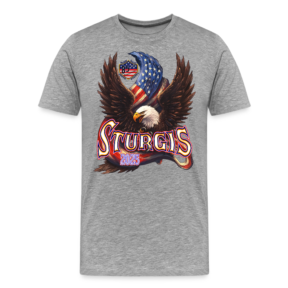 Men's Premium Sturgis Motorcycle Rally 2025 T-Shirt – 85th Anniversary Eagle & Flag Design Biker Tee -Front Print - heather gray