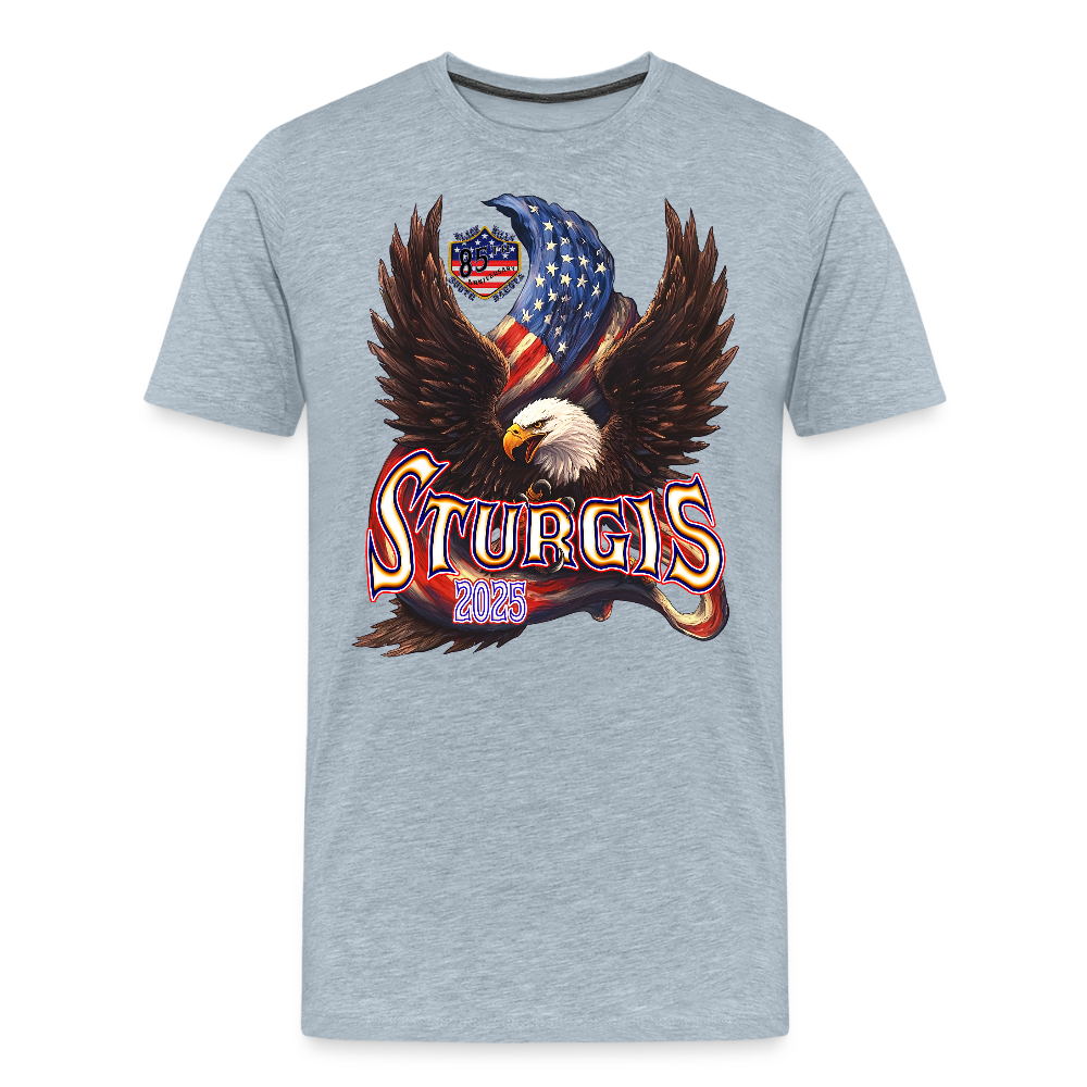 Men's Premium Sturgis Motorcycle Rally 2025 T-Shirt – 85th Anniversary Eagle & Flag Design Biker Tee -Front Print - heather ice blue