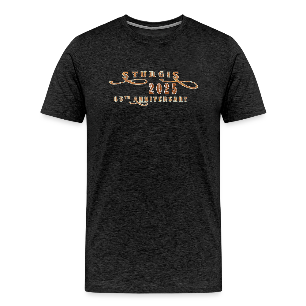 Men's Premium Sturgis Motorcycle Rally 2025 T-Shirt – 85th Anniversary Eagle and Motorcycle Biker Tee -Front and Back Print - charcoal grey