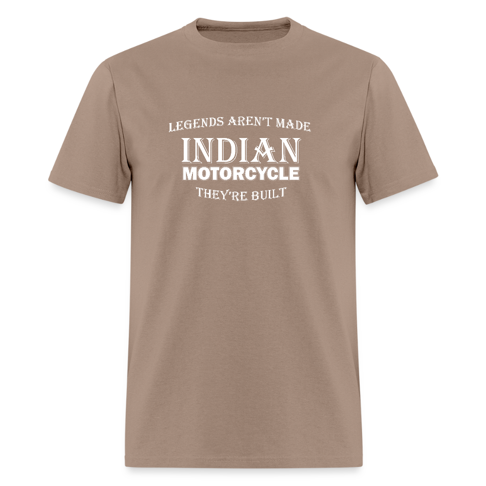 Indian Motorcycle-Legends Aren't Made, They're Built Vintage T-shirt - Front and Back Print - brown savana