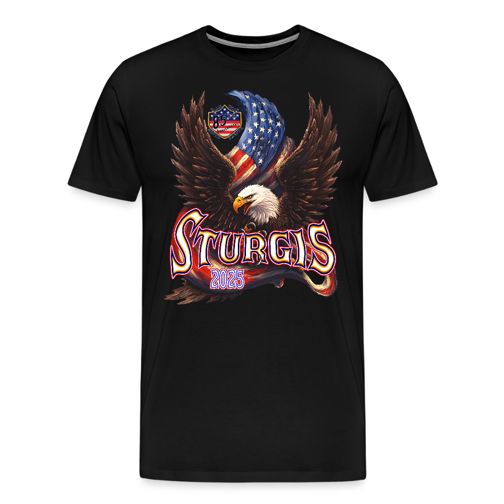 Men's Premium Sturgis Motorcycle Rally 2025 T-Shirt – 85th Anniversary Eagle & Flag Design Biker Tee -Front Print - black