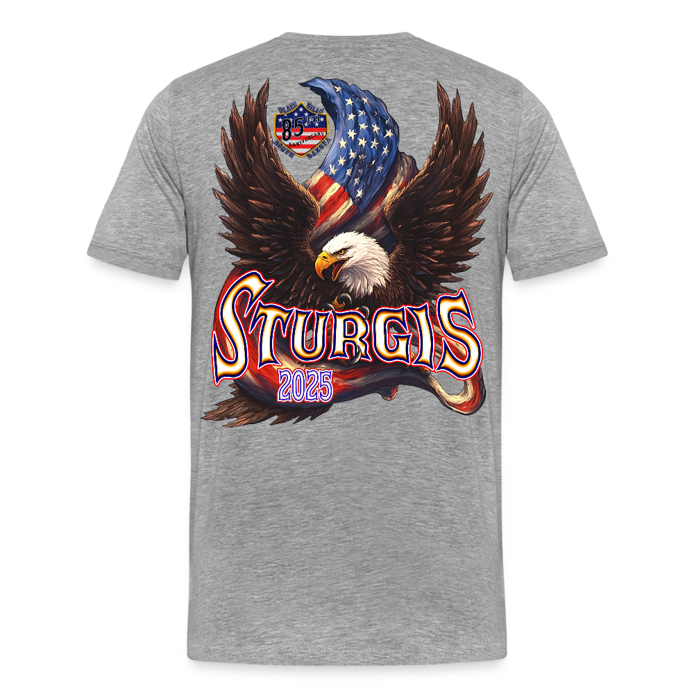 Men's Premium Sturgis Motorcycle Rally 2025 T-Shirt – 85th Anniversary Eagle & Flag Design Biker Tee -Front and Back Print - heather gray