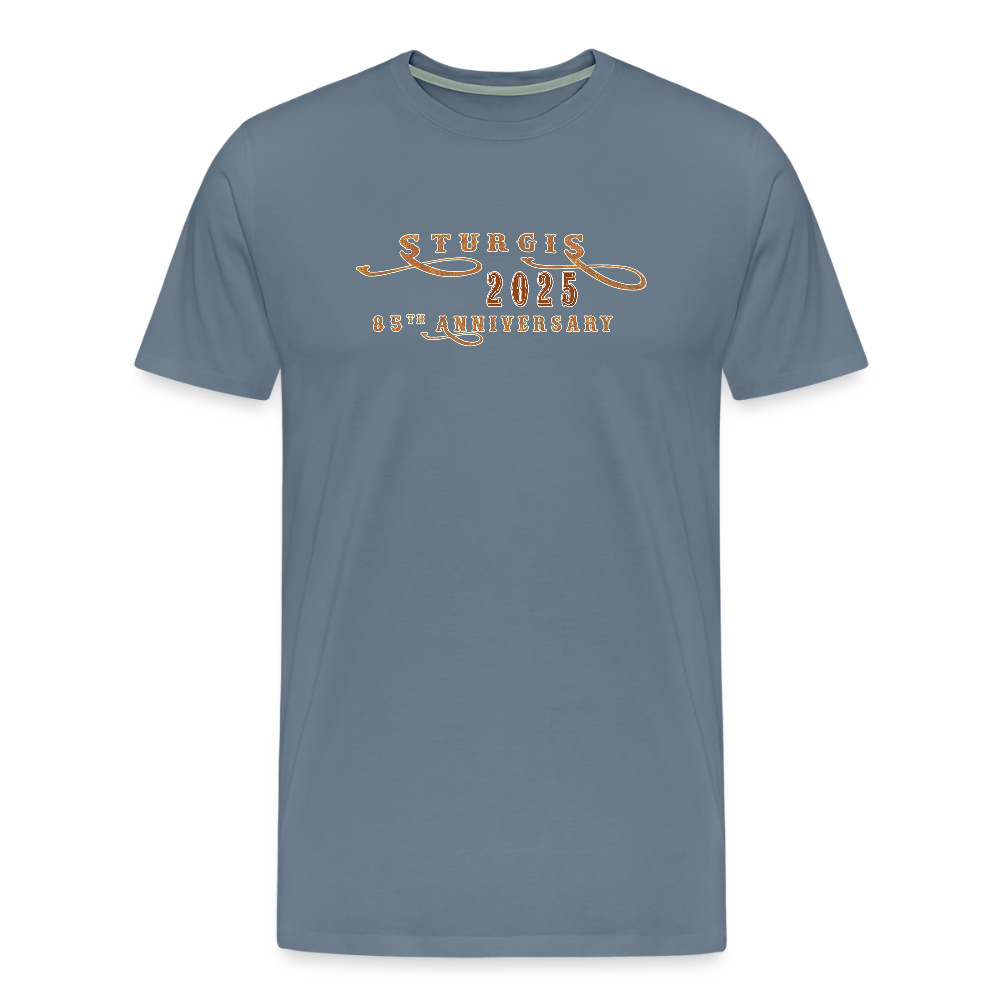 Men's Premium Sturgis Motorcycle Rally 2025 T-Shirt – 85th Anniversary Eagle and Motorcycle Biker Tee -Front and Back Print - steel blue