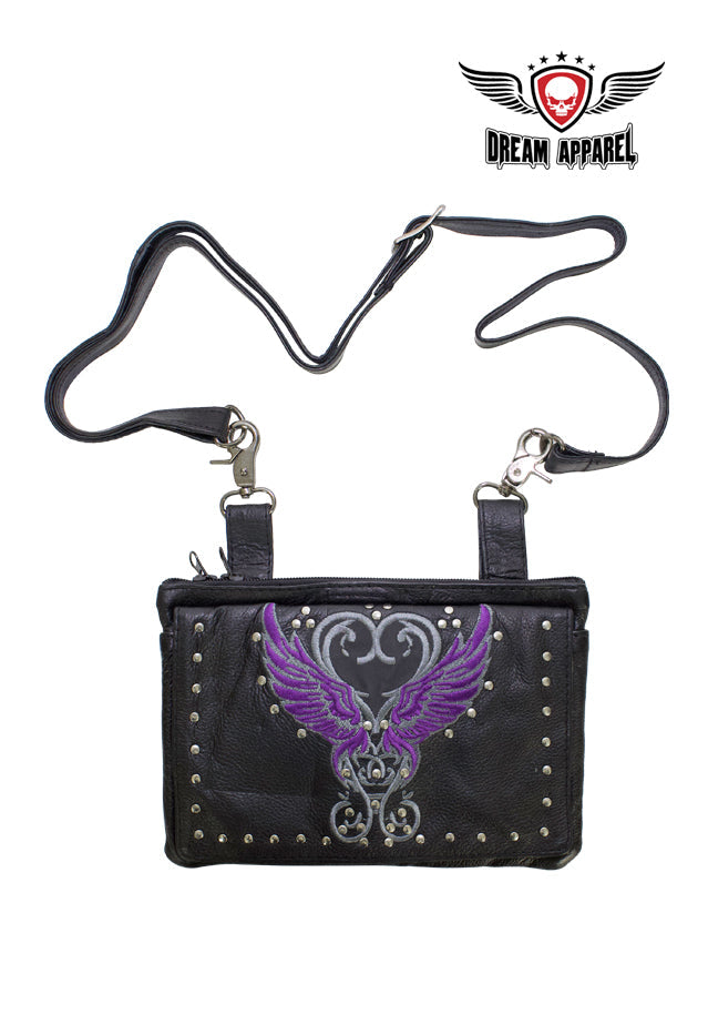 Studded Naked Cowhide Leather Belt Bag with Purple Wings