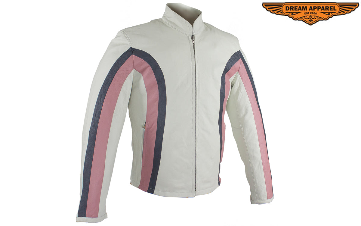 Womens Soft Leather Jacket With Silver & Pink Stripes