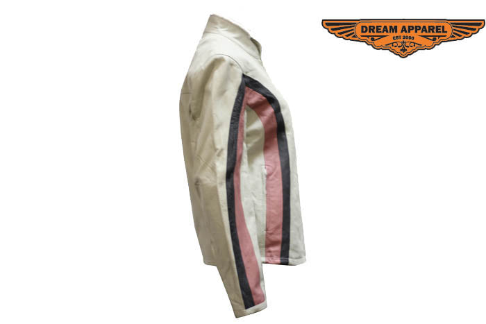 Womens Soft Leather Jacket With Silver & Pink Stripes
