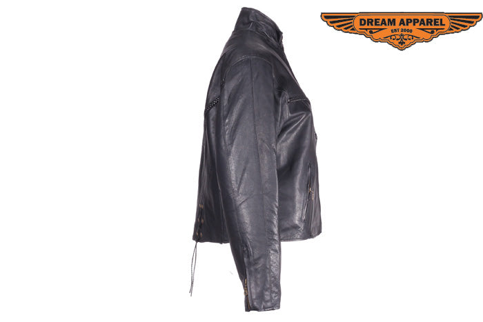 Women Cowhide Jacket With V-Lace