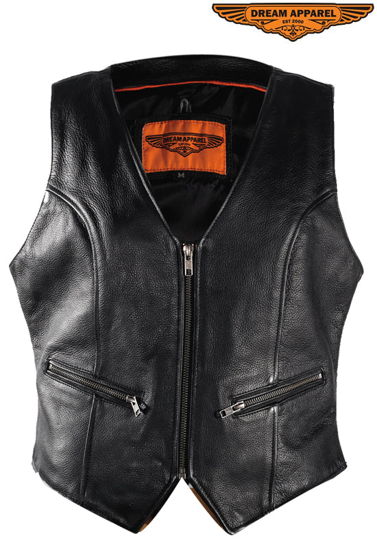 Womens Black Biker Leather Vest With Concealed Pockets