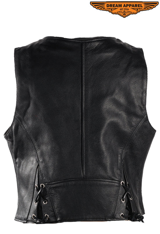 Womens Black Biker Leather Vest With Concealed Pockets