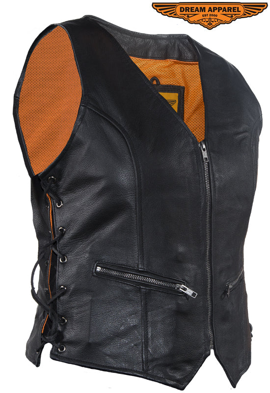 Womens Leather Motorcycle Zip Up Leather Vest With Concealed Carry