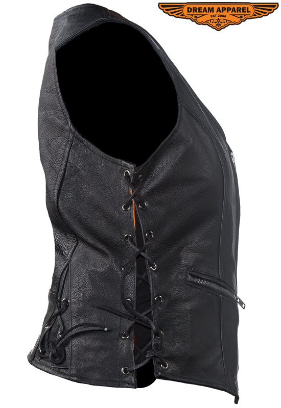 Womens Leather Motorcycle Zip Up Leather Vest With Concealed Carry