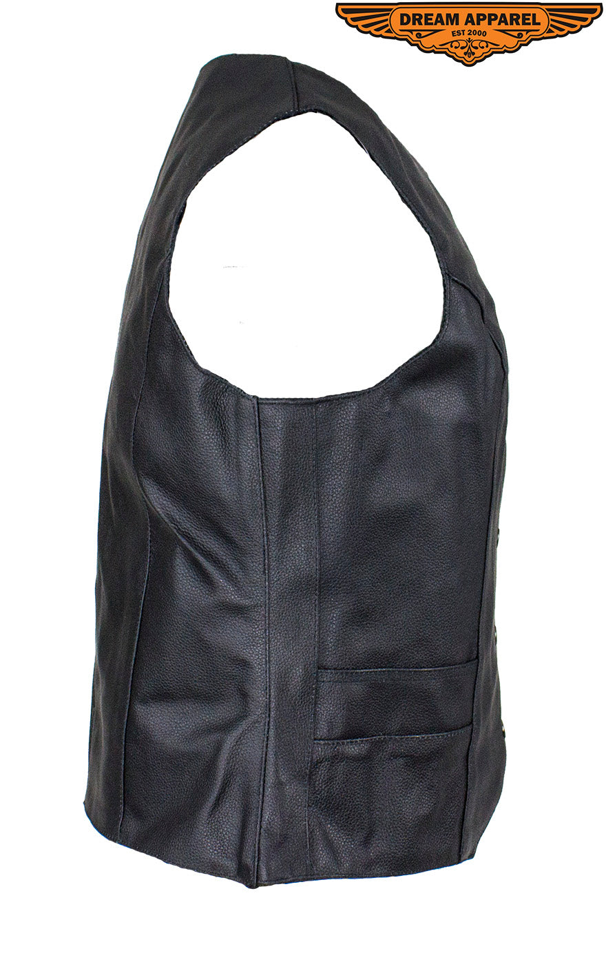 Women's Motorcycle Black Concealed Pocket Vest With Side Laces