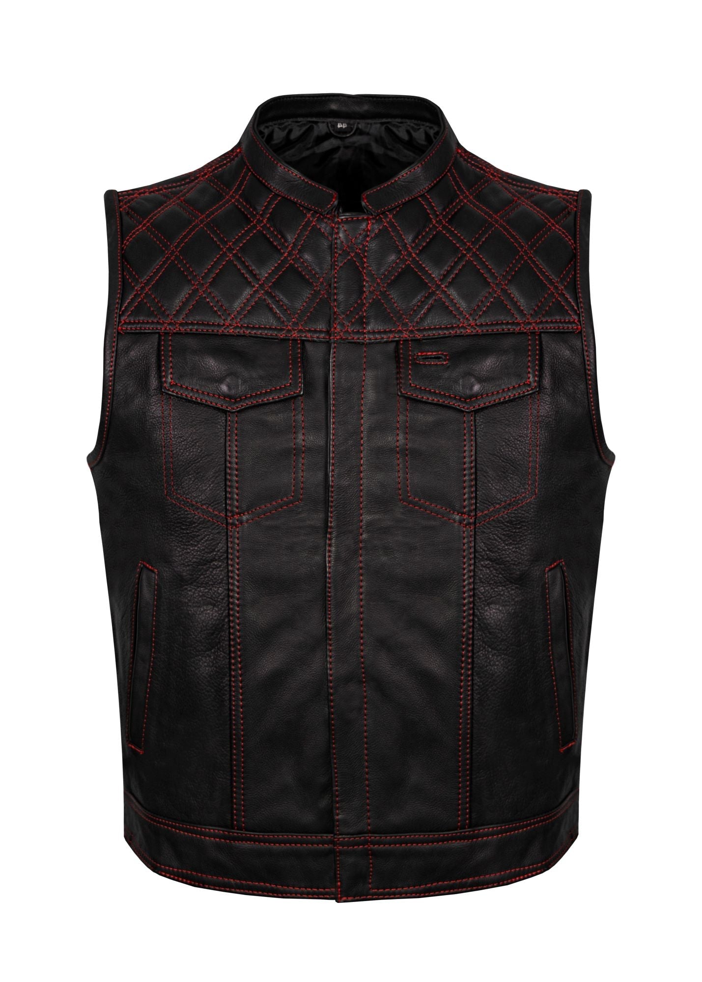Dream Apparel Mens Naked Leather Motorcycle Club Vest Red Thread Zipper Front, Diamond Padding