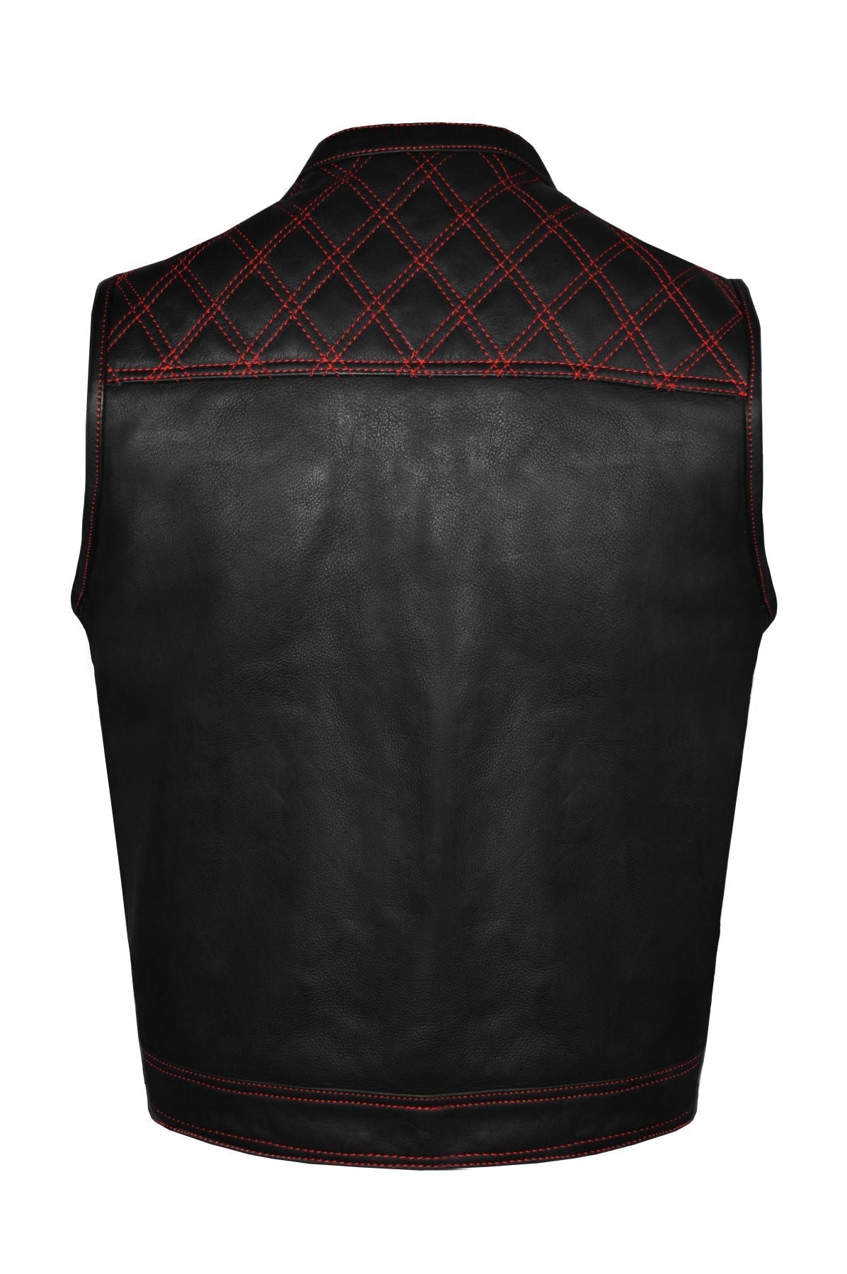 Dream Apparel Mens Naked Leather Motorcycle Club Vest Red Thread Zipper Front, Diamond Padding