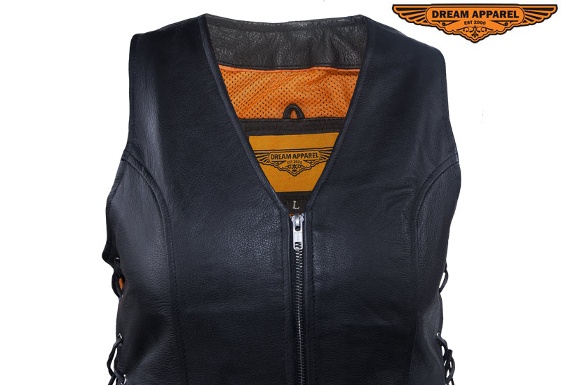 Dream Apparel Womens Leather Motorcycle Zip Up Leather Vest With Concealed Carry