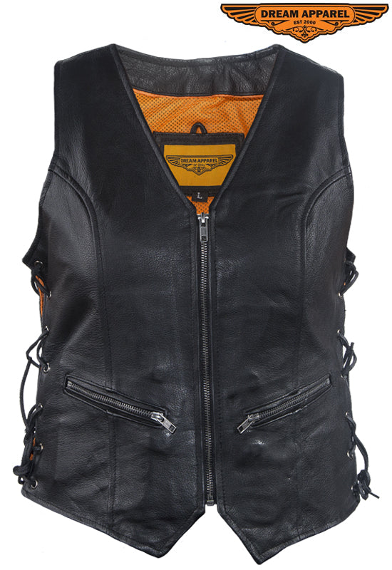Dream Apparel Womens Leather Motorcycle Zip Up Leather Vest With Concealed Carry