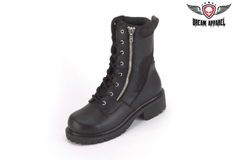 Womens Biker Boots With Lace Up Front & Side Zipper