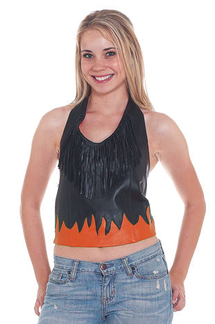 Womens Black & Orange Leather Halter Top