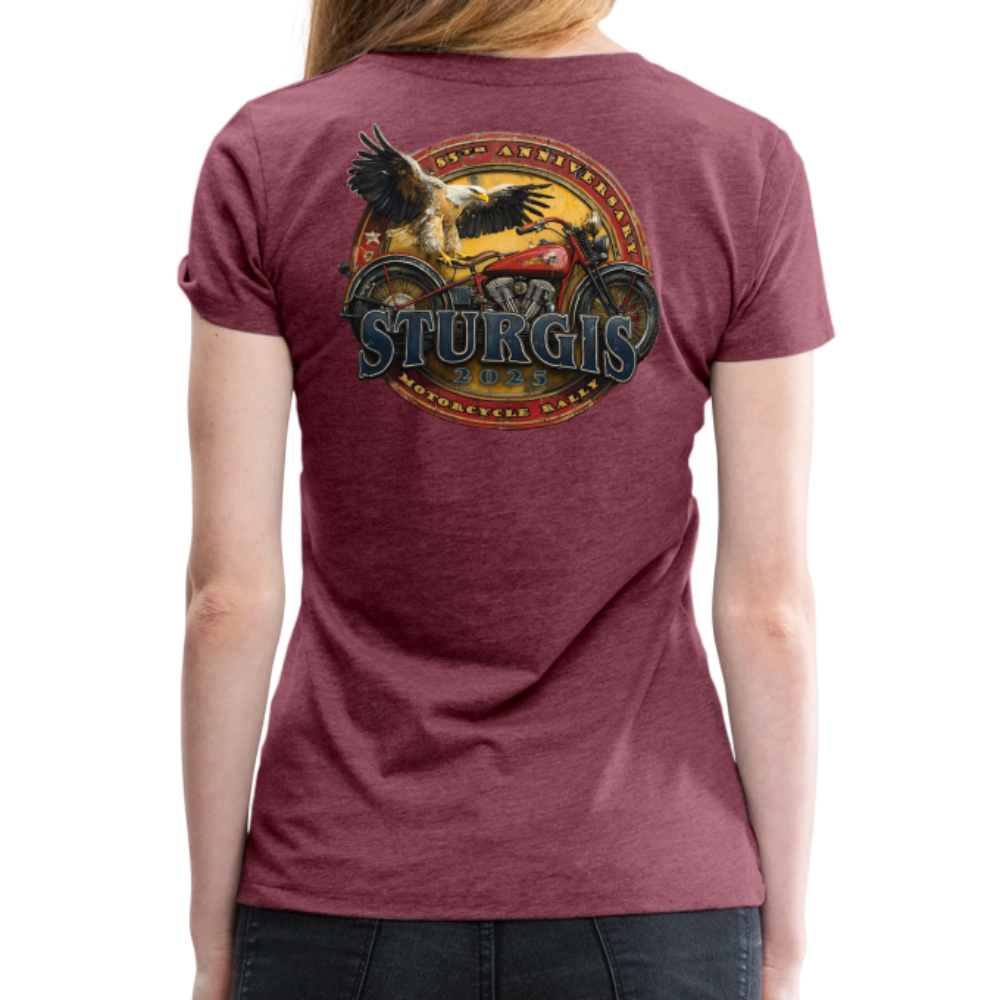 Women’s Premium 2025 Sturgis Motorcycle Rally T-Shirt- Front and Back Print - heather burgundy