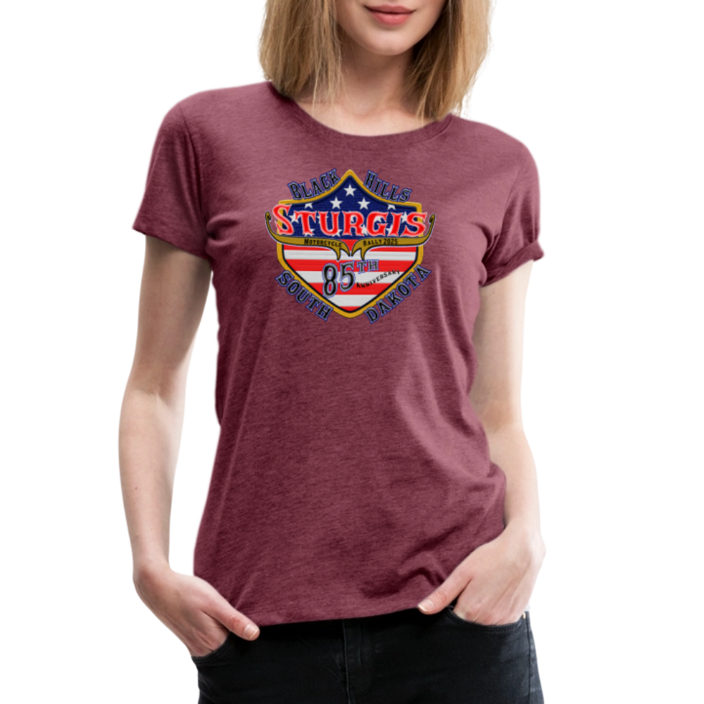 Women’s Premium 2025 Sturgis Motorcycle Rally Mount Rushmore T-Shirt-Front & Back Print - heather burgundy