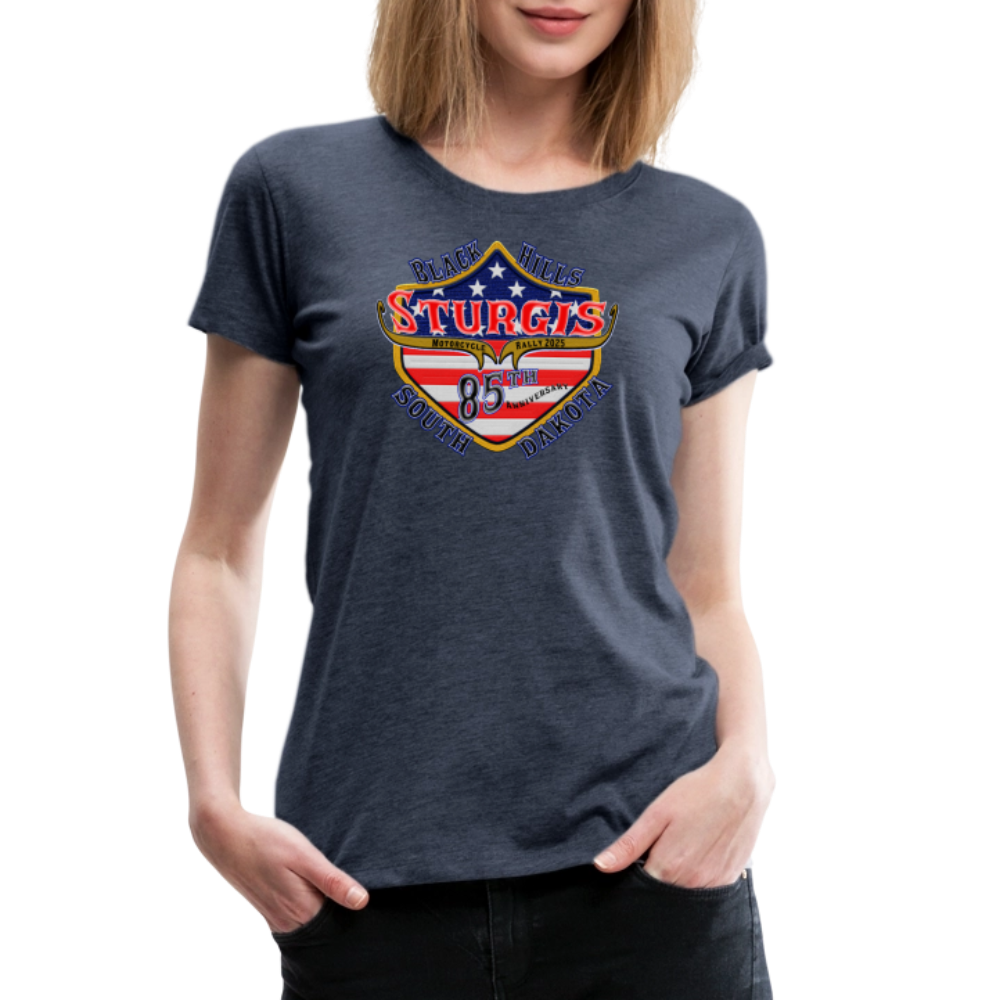 Women’s Premium 2025 Sturgis Motorcycle Rally Mount Rushmore T-Shirt-Front & Back Print - heather blue