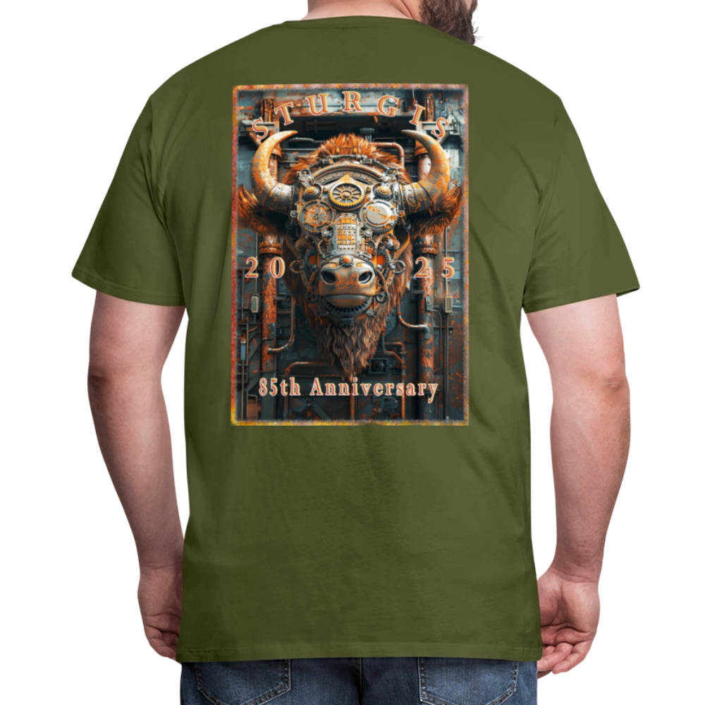 Sturgis Motorcycle Rally 2025 Premium Steampunk Buffalo T-Shirt – 85th Anniversary Steampunk Bison - Front and Back Print - olive green
