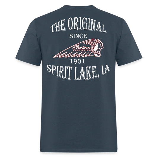 Indian Motorcycle-Legends Aren't Made, They're Built Vintage T-shirt - Front and Back Print -  blue dusk