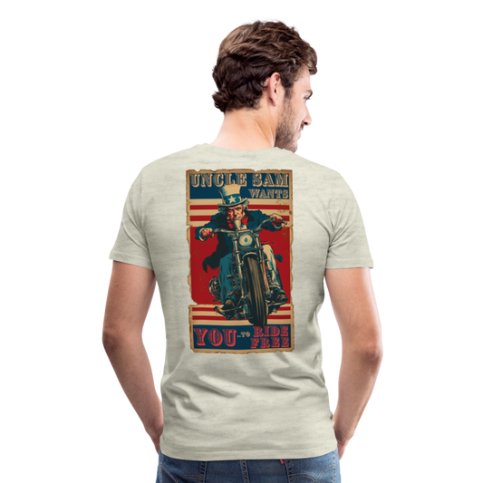 “Uncle Sam Wants YOU to Ride Free” Vintage Biker Tee – Patriotic 4th of July Graphic Shirt - Front and Back Print - heather oatmeal