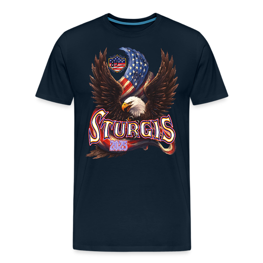 Men's Premium Sturgis Motorcycle Rally 2025 T-Shirt – 85th Anniversary Eagle & Flag Design Biker Tee -Front Print - deep navy