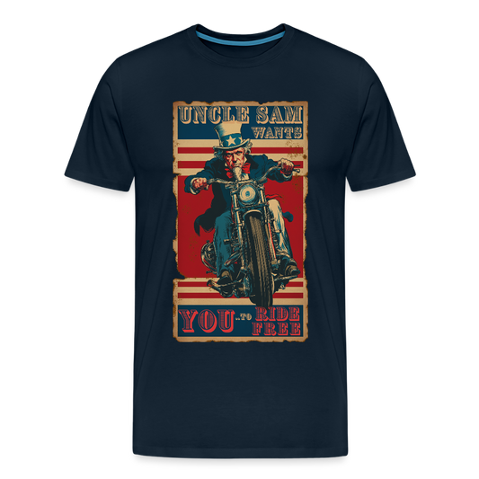 “Uncle Sam Wants YOU to Ride Free” Vintage Biker Tee – Patriotic 4th of July Graphic Shirt - deep navy