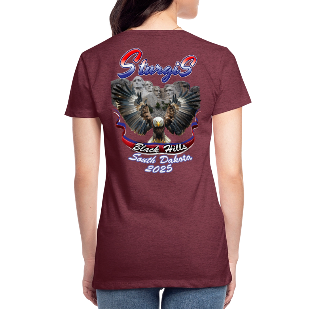 Women’s Premium 2025 Sturgis Motorcycle Rally Mount Rushmore T-Shirt-Front & Back Print - heather burgundy