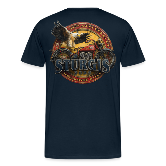 Men's Premium Sturgis Motorcycle Rally 2025 T-Shirt – 85th Anniversary Eagle and Motorcycle Biker Tee -Front and Back Print - deep navy