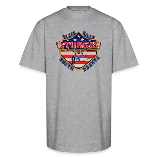 Men's Premium Sturgis Motorcycle Rally 2025 OVERSIZED T-Shirt – 85th Anniversary Eagle & Flag Design Biker Tee -Front and Back Print - heather gray